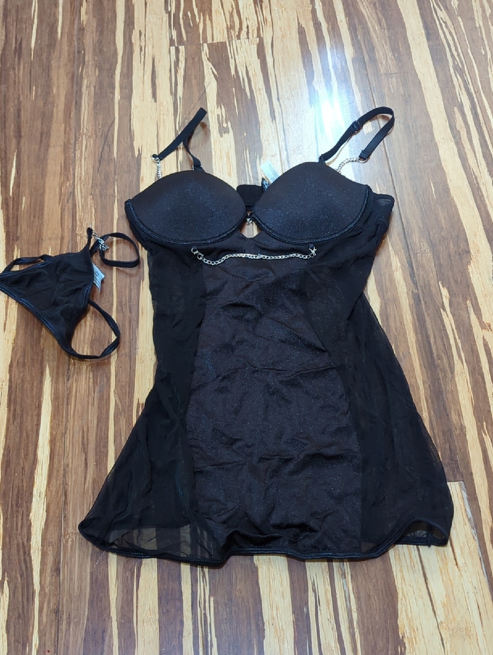 Oh La La Cheri Black Sheer Lace Chemise with Built-In Bra plus Thong